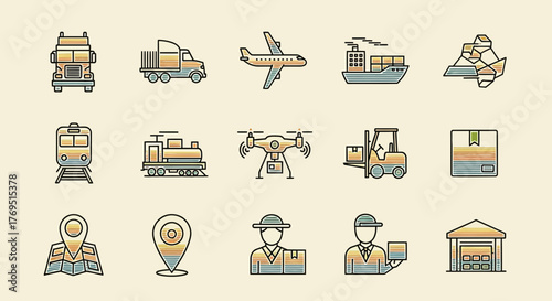 Transportation and Logistics Icons Depicting Various Shipping Methods and Delivery.
