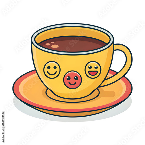 Teacup with saucer in emoji style, isolated on white background, representing relaxation, tea time,