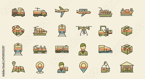 Collection of transport and delivery icons representing various modes of shipping.