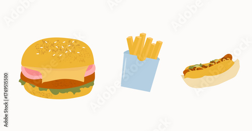 Hamburger, french fries and hot dog fast food icon set vector.