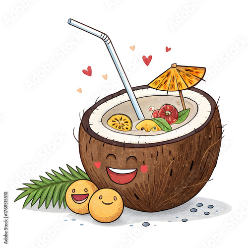 Tropical drink served in coconut with straw and umbrella in emoji style, isolated on white background,