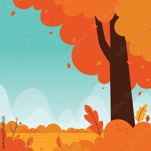 A warm and whimsical autumn landscape showcasing a dominant tree with rich orange foliage, gently falling leaves, and a soft blue mountainous backdrop perfect for seasonal banners and greeting cards.