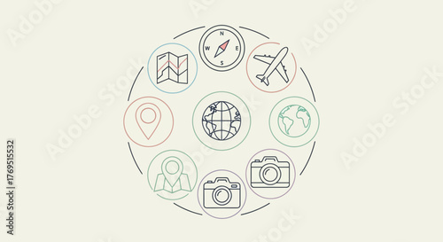 Travel and Adventure Icons Arranged in a Circle.
