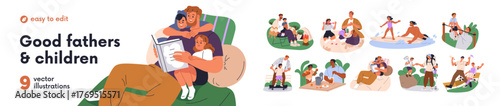 Happy fathers and children set. Dad spending time together with kids. Daddy with daughter, son at leisure, holiday. Fatherhood concept. Flat graphic vector illustrations isolated on white background.