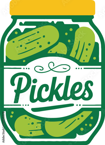 Illustration of a jar of pickles with a yellow lid on a cream background