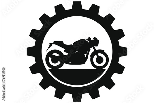 Road motorcycle inside gearwheel emblem, motorcycle repair logo and cafe racer badge, black silhouette vector icon for mechanic shop, garage, motorsport team, biker club branding and transport service