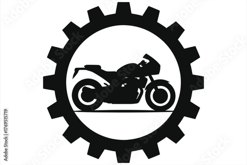 Modern road motorcycle silhouette inside gearwheel emblem – black and white automotive logo design, mechanical engineering concept, motorbike workshop symbol, biker club insignia illustration