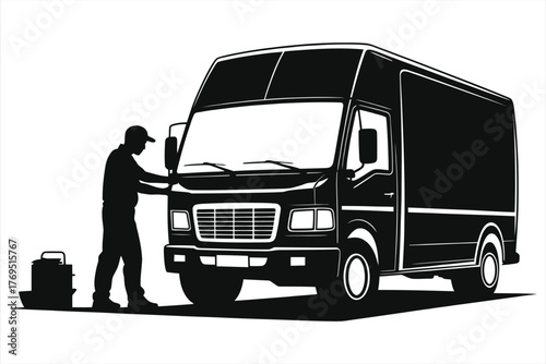 Black and White Silhouette of Mechanic Servicing Truck or Van - Automotive Repair, Maintenance, Fleet & Commercial Vehicle Service, Mechanic Work, Automotive Industry Concept