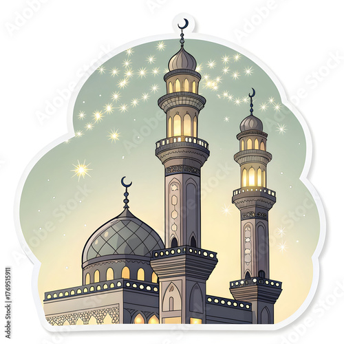 Minarets with glowing lights in sticker style, symbolizing Islamic architecture, spirituality, and celebration, isolated