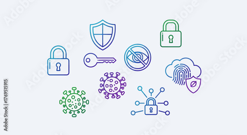 Cybersecurity icons representing data protection and digital security concepts.