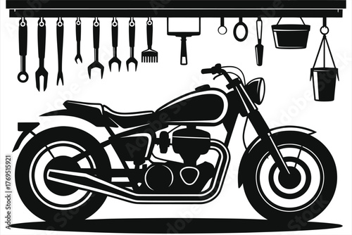 Vintage motorcycle parked under wall-mounted hanging tools silhouette, black and white vector illustration of retro bike in mechanic garage workshop, maintenance and repair concept graphic artwork