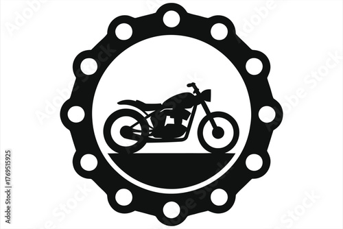 Classic Motorcycle & Chainring Logo Vector. Retro Motorbike Silhouette Icon for Biker Clubs, Mechanics, or Custom Garage Branding. Vintage Two-Wheeler Emblem with Gear Element.