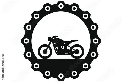 Motorcycle inside chainring circle – silhouette emblem of bike sprocket gear frame, vintage motorbike icon, mechanical repair, engineering logo, transportation symbol, vector illustration isolated
