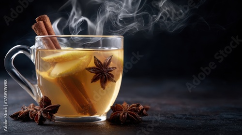 spiced apple cider in glass mug, macro focus on cinnamon sticks and star anise floating, steam curls in detailed patterns, dark background