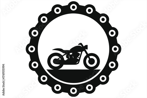 Minimalist black motorcycle silhouette inside circular chainring frame, gear-inspired emblem symbolizing power, speed, mechanics and cycling connection, perfect for logo, branding or biker design 