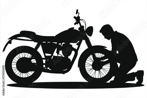 Flat Motorcycle Tire Repair Scene – Silhouette of Mechanic Fixing Flat Motorcycle Tire, Automotive Maintenance, DIY, Engineering, Technical Service, Black and White Vector Illustration for Mechanic
