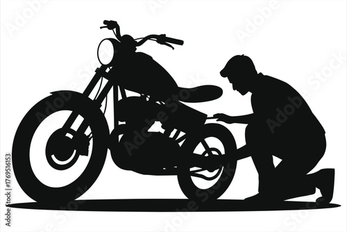Silhouette of a Person Kneeling to Repair Flat Motorcycle Tire - Black and White Vector Illustration for Automotive, Mechanic, Roadside Assistance, Vehicle Maintenance, Travel, and Emergency Service 