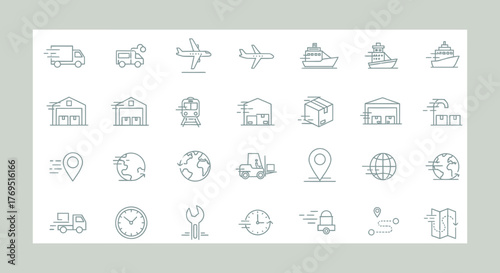 Transportation and Logistics Icons Representing Global Shipping and Delivery.