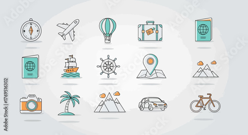 Travel and Adventure Icons Set with Compass Airplane Hot Air Balloon Luggage Passport Ship Wheel Map Pin Mountains Camera Palm Tree Car Bicycle.