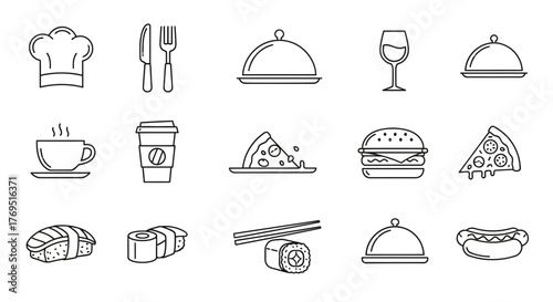 Hand drawn food and restaurant line art icon set.