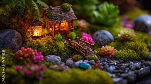 Miniature fairy garden scene featuring wooden house bridge lantern and colorful flowers