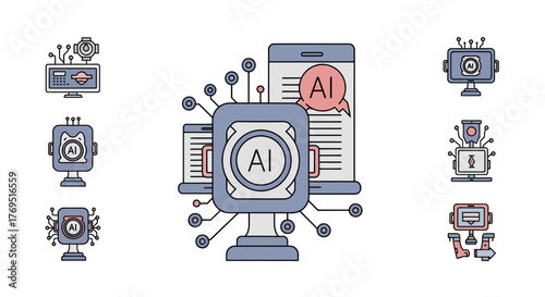 A collection of modern flat line icons representing artificial intelligence concepts.
