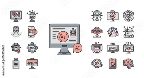 AI Icons Computer Screen Displaying Artificial Intelligence Technology Concepts.