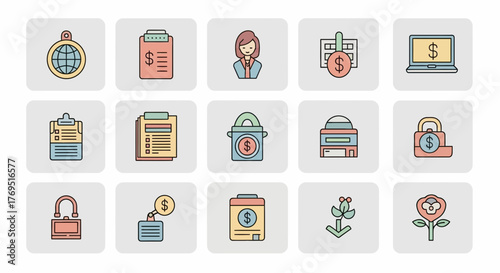 Financial Icons Representing Business and Investment Strategies.