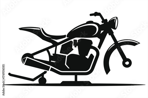  Black and White Motorcycle Frame Silhouette on Lift for Repair or Customization - Minimalist Icon Graphic