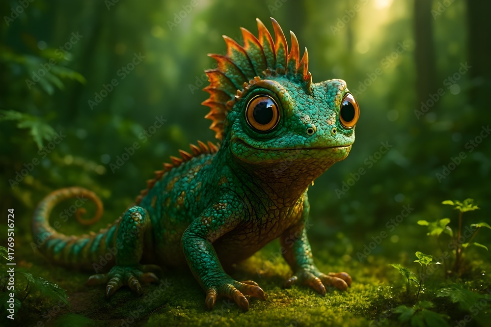 Obraz premium Adorable Fantasy Lizard in Enchanted Forest with Vibrant Colors
