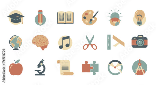 Educational Icons Representing Knowledge and Learning in Various Subjects.