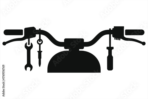 Black silhouette icon of motorcycle handlebars with a hanging wrench, screwdriver, and key, symbolizing biker repair, service, and maintenance.