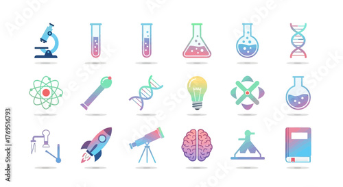 Collection of Science and Technology Icons Representing Discovery and Innovation.