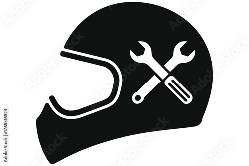 Black silhouette icon of a full-face motorcycle helmet with crossed wrench and screwdriver graphic, vector for repair, service, and rider safety logos.
