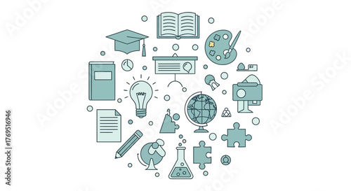 Collection of Education and Learning Icons Arranged in a Circle.