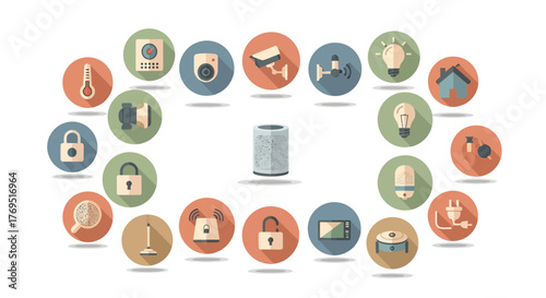 Smart home technology concept with automation and security icons.