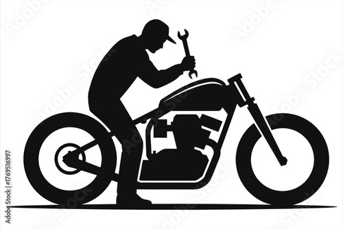 Motorcycle Mechanic Tightening Frame Bolt (Wrench in Hand) – Bold Black Silhouette Vector Illustration, Isolated on White Background; Stylized Motorbike Repair Graphic for Garage Branding, Logos