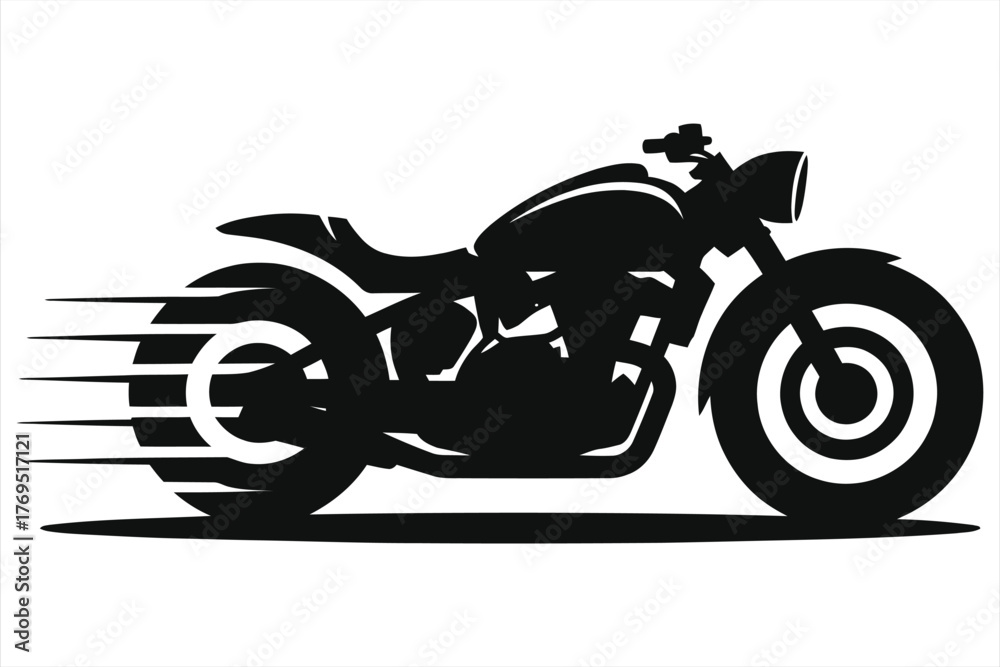 Obraz premium Black silhouette of a fast-moving motorcycle with motion blur lines indicating speed and acceleration, vector graphic isolated on white.