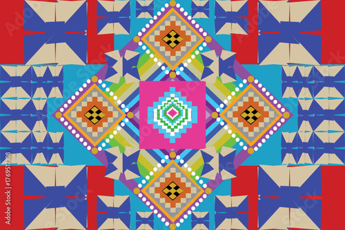 Dynamic geometric pattern bursting with vivid colors and symmetrical shapes — a bold fusion of tradition and modern artistry that captures attention instantly.