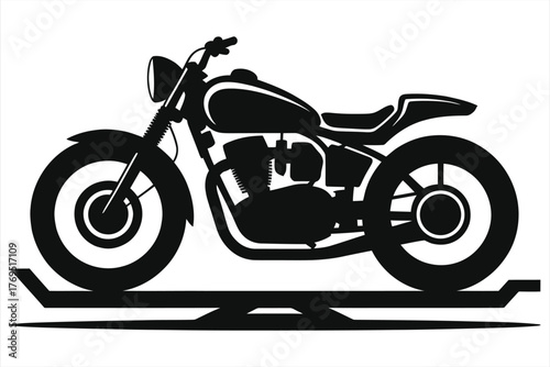 Black silhouette of a classic motorcycle on a maintenance stand, vector graphic highlighting repair, service, or custom bike workshop theme.