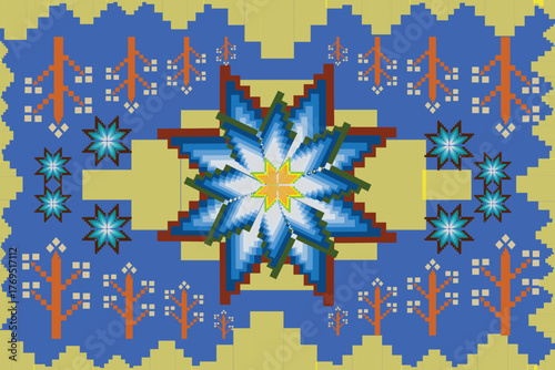 christmas snowflake background, Vibrant ethnic pattern featuring a radiant star motif in blue, green, and yellow tones — blending cultural artistry with bold geometric design for a striking visual .