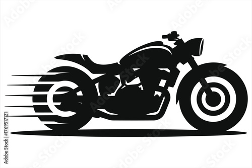Black silhouette of a fast-moving motorcycle with motion blur lines indicating speed and acceleration, vector graphic isolated on white.
