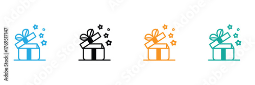 Open gift boxes with stars represent surprise and joy for promotions, marketing, and holiday celebrations. Eye-catching icons perfect for festive occasions.