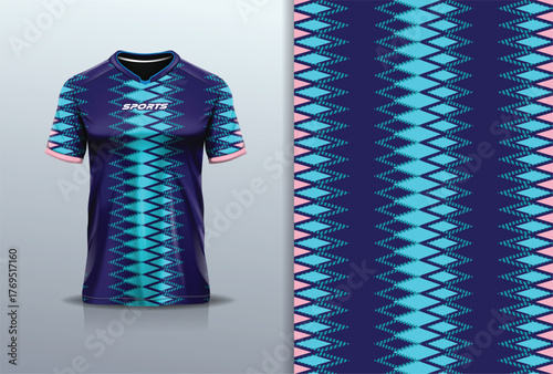 T-shirt mockup pattern diamond abstract jersey design for football, soccer, esports, running, blue pink color