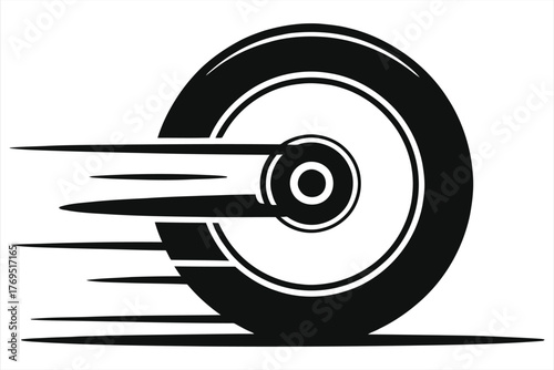 Black silhouette icon of a fast-spinning motorcycle wheel with horizontal motion lines, vector graphic symbolizing speed, velocity, and movement.