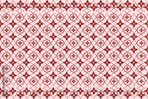 Elegant red geometric pattern with intricate floral details, showcasing timeless craftsmanship and refined symmetry — perfect for textiles, cultural designs, or decorative art projects.