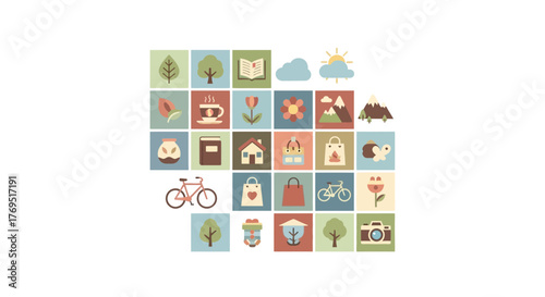 Collection of nature and outdoor themed flat design icons.