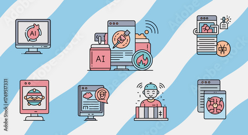 Collection of modern icons illustrating artificial intelligence concepts and web filtering.
