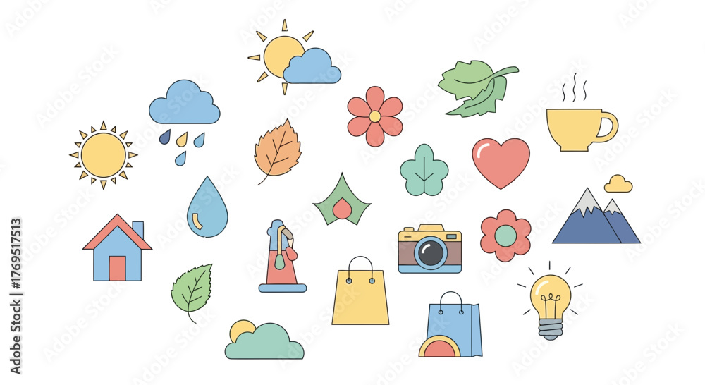 Fototapeta premium Collection of colorful nature and lifestyle icons representing various concepts.