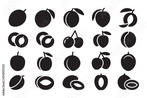 Black Silhouette Vector Icons Set of Stone Fruits Including Peaches Plums Cherries Apricots Olives and Halved Variations for Graphic Design and Illustration Projects